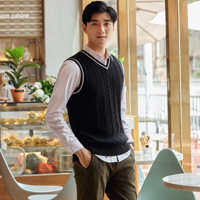 Korean Version Of Men's Slim Cotton Sleeveless Contrast Color V-neck Vest Twisted Flower